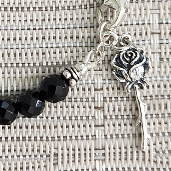 WOMEN'S CUSTOM ( BLK ONYX BRACELET  WITH STERLING SILVER  ROSE CHARM - Picture 2 of 2